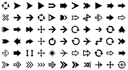 A comprehensive collection of black arrow icons featuring solid and outlined styles, including directional arrows, navigation symbols, rotation icons, and interface pointers designed for versatile UI 