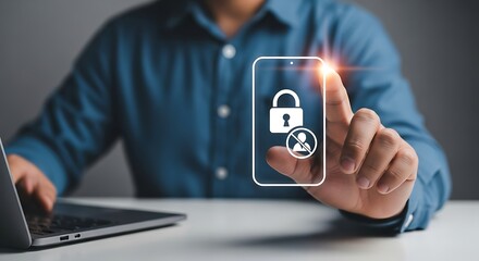 Person Taps Smartphone with Padlock and User Icon on White Background