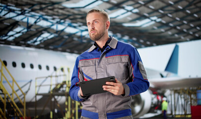 Aerospace Quality Check Supervisor Using Tablet In Hand