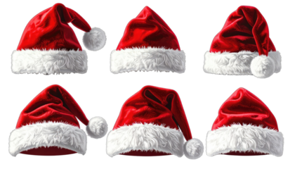 A collection of six red Santa hats with white trim and pom-poms on a black background.