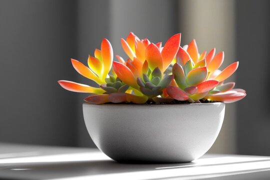 A vibrant succulent in a white pot, bathed in sunlight, displaying stunning orange, red, and yellow leaves.