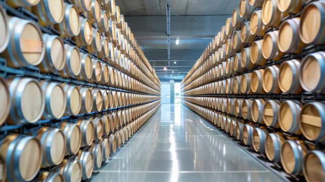 Rows of wine barrels in modern, polished cellar