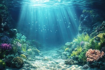Naklejka premium Stunning underwater scene with vibrant coral reefs, schools of fish, and sun rays piercing through the clear blue ocean depths.