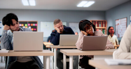 Fototapeta premium College Students In Classroom Studying With Laptops Look Visibly Bored
