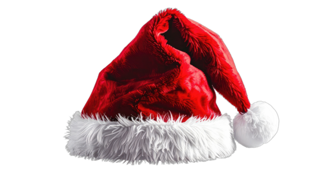 A festive Santa hat with red fabric and white trim sits against a stark black background.