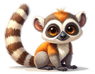Obraz premium Cute cartoon lemur sitting down, big eyes, striped tail, orange-brown fur, white background