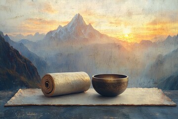 A serene landscape featuring a rolled scroll and a decorative singing bowl, set against a majestic mountain range at sunrise, evoking peace and wisdom.
