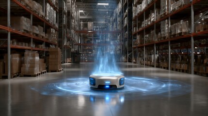 Autonomous White Warehouse Robot Emitting Blue Light in Large Storage Facility