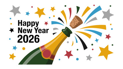 New Year 2026 Celebration: Sparkling champagne bottle bursts open, the cork popping amidst a shower of confetti, heralding the arrival of a joyful new year.