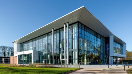 Taxes and government advice, A modern glass-fronted building showcasing sleek architecture against a clear blue sky.