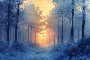 A magical winter forest path bathed in warm golden light, highlighting frost-covered trees and an ethereal, serene, mystical landscape.