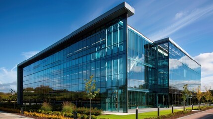 Taxes and government advice, A modern glass-fronted building showcasing sleek architecture against a clear blue sky.