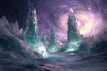 Towering crystal spires glow within an icy alien landscape beneath a swirling cosmic galaxy. An ethereal, mystical, otherworldly fantasy and sci-fi vista.