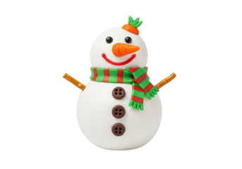Cute and Cheerful Christmas Snowman with Scarf and Carrot Nose on White Background - Festive Winter Holiday Decoration