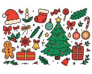 Vector illustration set of Christmas icons, symbols, and elements including a cartoon snowman, star, bell, Santa Claus, gift, and tree decoration for a new year holiday celebration