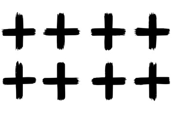 A collection of plus signs in grunge style. 8 highly detailed and different crosses. High quality manually traced. Plus black isolated on white background, vector illustration.