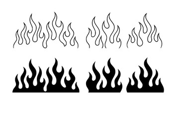 Classic silhouette flame. Black fire set isolated on white background. Old school tattoo neo-tribal style or silhouette flame for cars. Minimalistic stylish fire outline and filled contour. Vector set