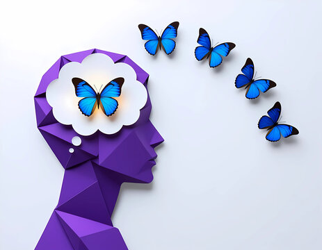 A low-poly purple silhouette of a head with a thought bubble, from which bright blue butterflies emerge and fly away in an arc, symbolizing spreading ideas, freedom, or mental liberation.