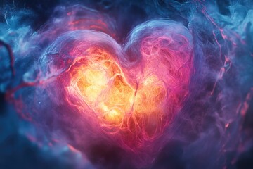 A vibrant, glowing heart woven from intricate fiery filaments, radiating intense energy within swirling cosmic blues and purples, symbolizing profound emotion.