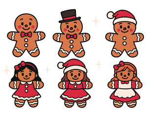 Cartoon vector illustration set of fun Christmas gingerbread men character stickers for children