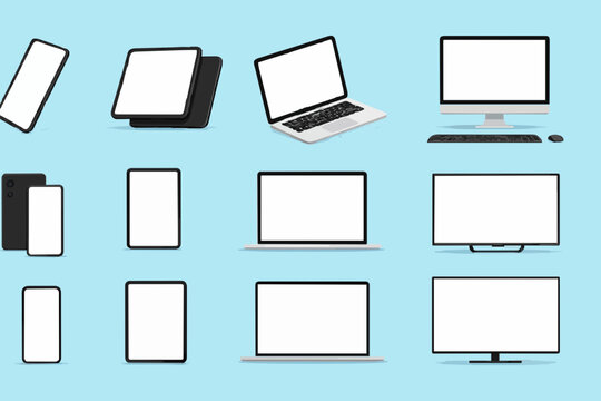 Great minimalistic 3d device set. Mockups at different angles. Smartphone, tablet, laptop, pc and TV. Vector collection Mockups generic device. Template for infographics or presentation. Mockup set