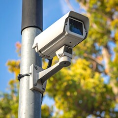 A security camera mounted on a pole with a blurred background