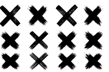 Obraz premium X black mark set in grunge style. Hand drawn crossed brush strokes. Crosshairs symbols in brush style with black ink splashes. Cross sign graphic symbol. Vector X mark set, grunge graphic collection