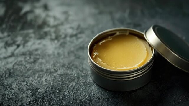 Natural balm in tin container on textured surface
