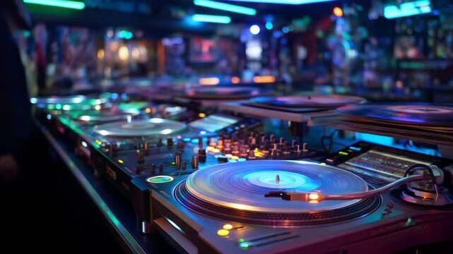 Dj equipment setup close up neon lighting audio mixing control