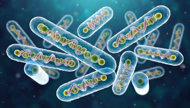 Detailed 3D illustration of multiple rod-shaped bacteria (bacilli) with semi transparent cell membranes, showing a stylized DNA helix structure and internal organelles against a blue background.
