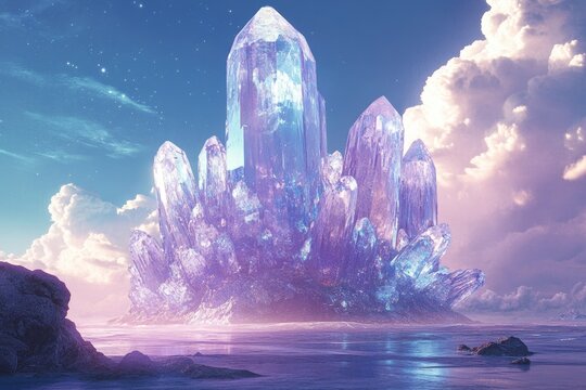 An ethereal landscape features giant, shimmering purple and blue crystals emerging from tranquil waters under a starlit, cloudy sky. A truly magical, otherworldly scene.