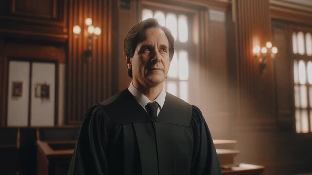 A wise judge with a discerning gaze presides over a courtroom, seeking truth and justice