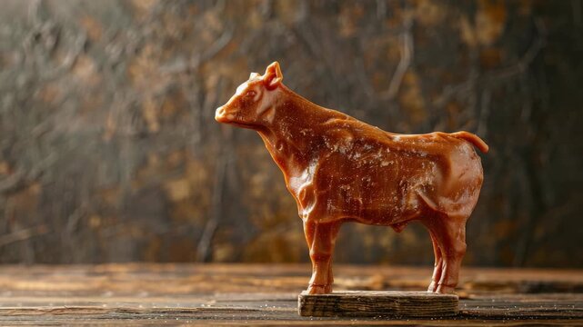 Intricately carved cow sculpture made of reddish-brown material on wooden surface