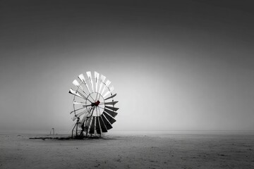 Monochrome Windmill In Foggy Desert