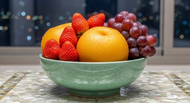 Fresh mixed fruit arrangement in mint green ceramic bowl with water droplets on marble surface against blurred city lights background
