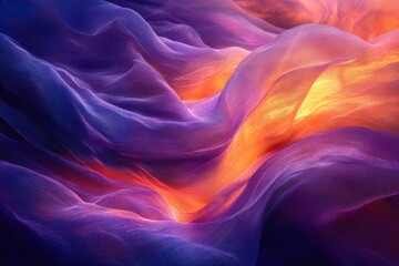 Obraz premium Dynamic flowing translucent fabric in abstract waves, illuminated by glowing orange and deep purple, highlighting its delicate mesh.