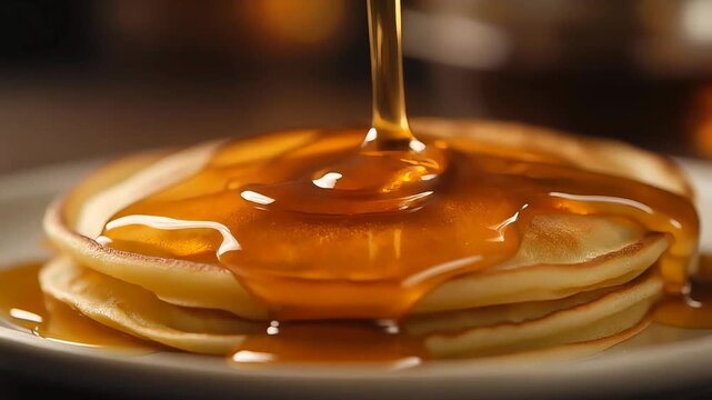 Golden Maple Syrup Drizzled on a Stack of Pancakes, Tempting Breakfast Treat