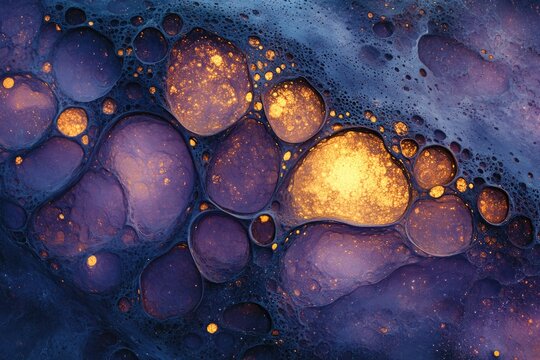 An abstract, mesmerizing image featuring dark purple, interconnected cells or bubbles filled with glowing golden particles, evoking a cosmic or microscopic universe.