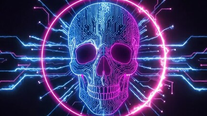 This captivating abstract digital animation features a glowing skull intricately formed by a network of circuit board traces and pathways. Vibrant neon blue and magenta lines illuminate the dark backg - Powered by Adobe