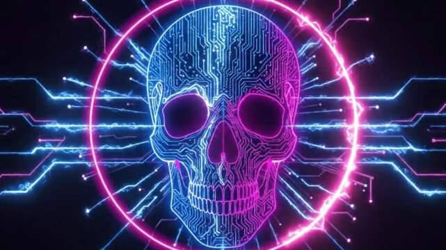 This captivating abstract digital animation features a glowing skull intricately formed by a network of circuit board traces and pathways. Vibrant neon blue and magenta lines illuminate the dark backg