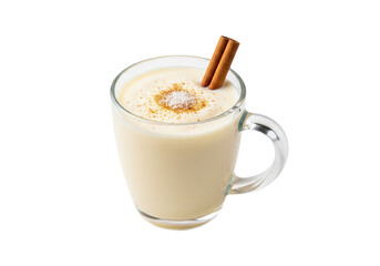 Festive Creamy Eggnog Drink in Glass Mug with Cinnamon Stick and Nutmeg, Isolated on White