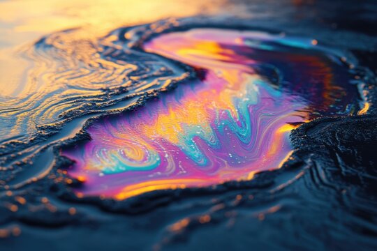 Mesmerizing close-up of iridescent oil film on water, showcasing vibrant swirling colors: pink, purple, blue, gold, on a dark, textured surface.