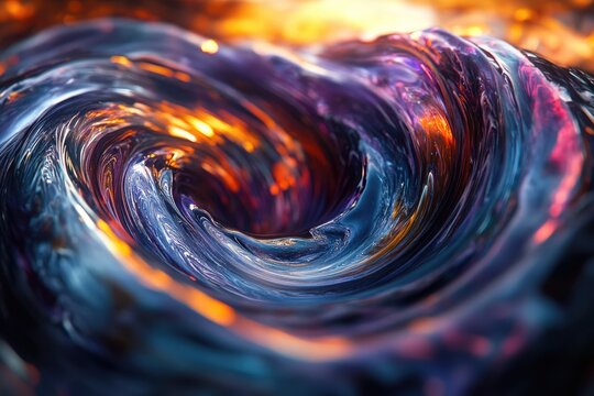 A mesmerizing abstract swirl of luminous blue and purple liquid, reflecting vibrant orange and golden light. This dynamic vortex creates an ethereal, futuristic visual experience.