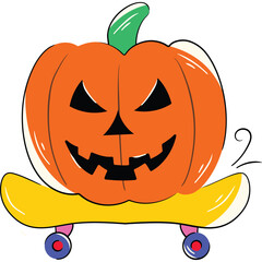 Orange Halloween pumpkin with carved face smiling and riding on a yellow skateboard with blue wheels against a transparent background