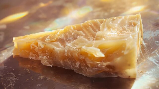 Close-up of amber honey crystallized in geometric shape on reflective surface