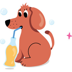 Orange cartoon dog drinking a yellow beverage from a bottle with a blue straw surrounded by bubbles and a pink sparkle