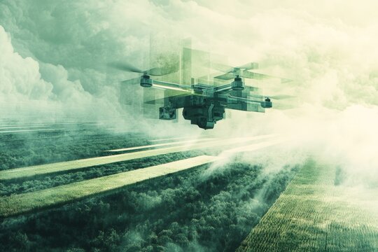 A futuristic agricultural drone efficiently sprays vast crop fields from above, showcasing advanced smart farming technology and environmental sustainability.