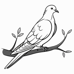 Simple line art of a peaceful dove bird perched on tree branch