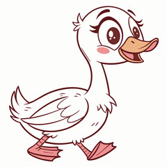 Cute cartoon white duckling walking with a cheerful expression