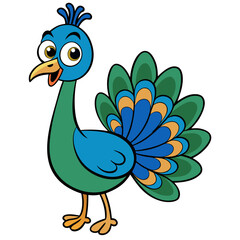 Cartoon peacock character with vibrant blue and green feathers
